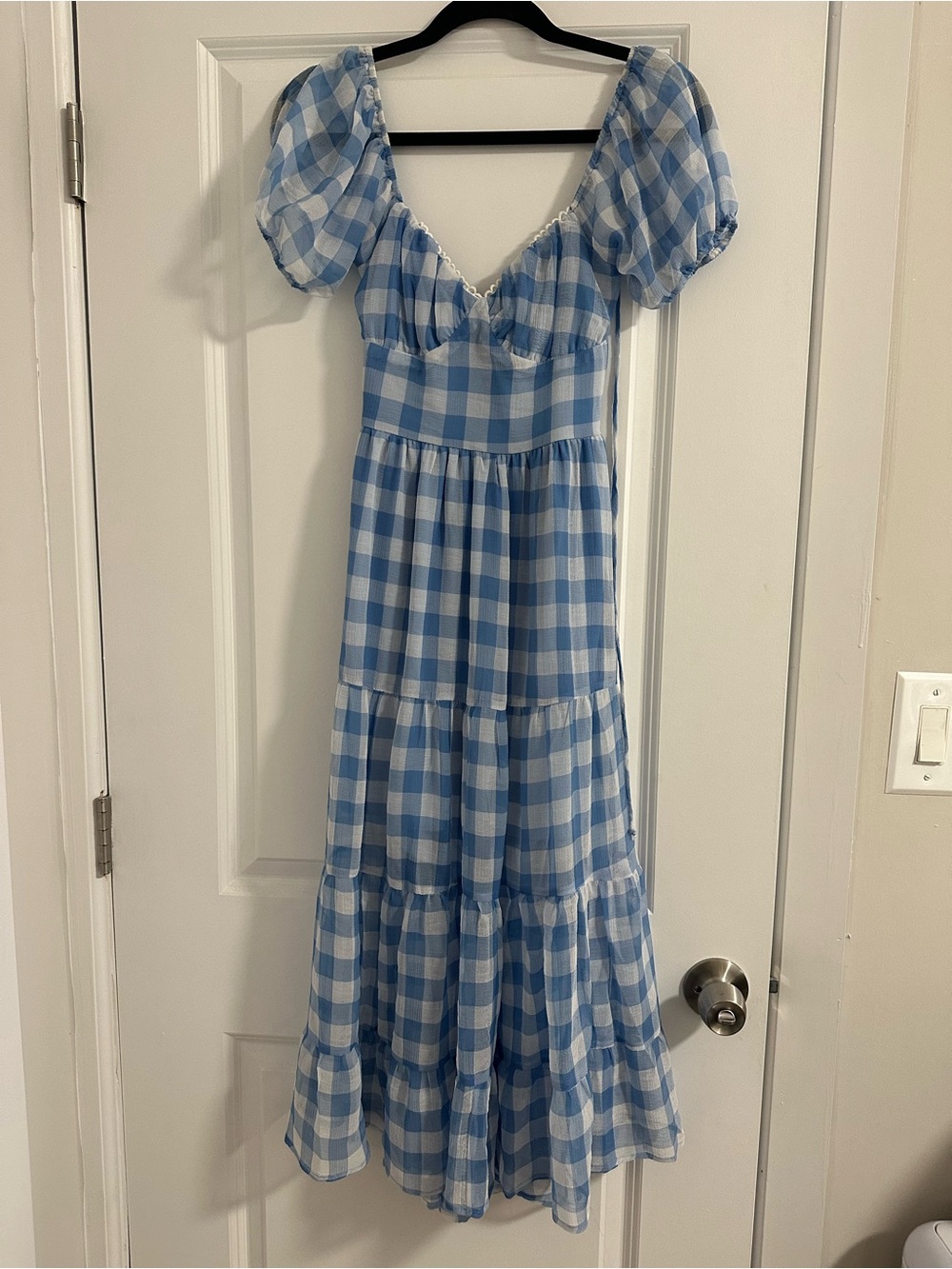Francesca's Collections Blue and White Gingham Puff-Sleeve Tiered Maxi Dress